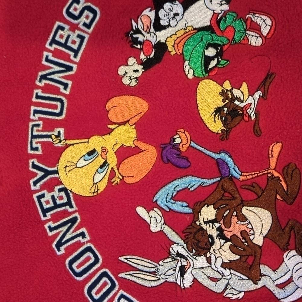 2000's Y2K Looney Tunes Vintage Warner Bros Studio Store Qtr Zip Fleece Red - Picture 2 of 13